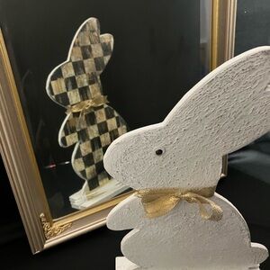 Mackenzie-Child Courtly Check Decoupage 2 Sided Bunny Rabbit Figurine Googly Eye
